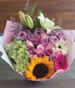 Ramo amor constante de rosas, girasol y gerberas, florería en Puebla, entrega de flores a domicilio el mismo día