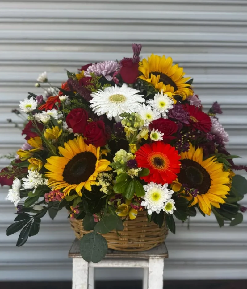 Arreglo de flores multicolor en canasta de Florerias en Queretaro, flores a domicilio en Queretaro