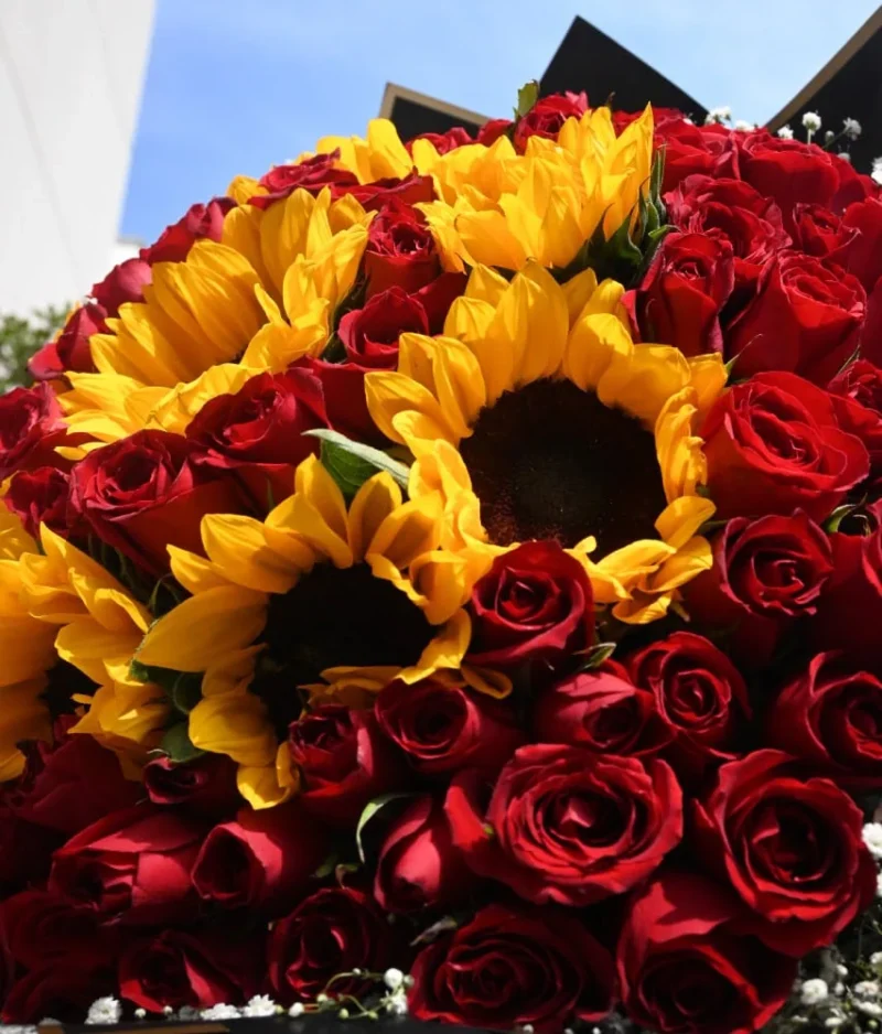 ramo de rosas rojas con girasoles tipo buchon con decorado negro de Florerias en Queretaro, flores a domicilio en Queretaro