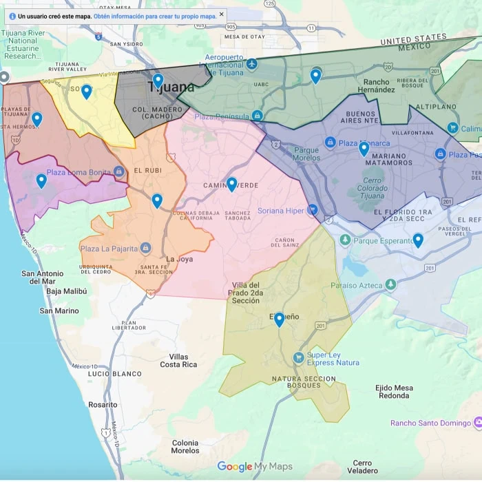 Mapa de zonas de envio en Tijuana