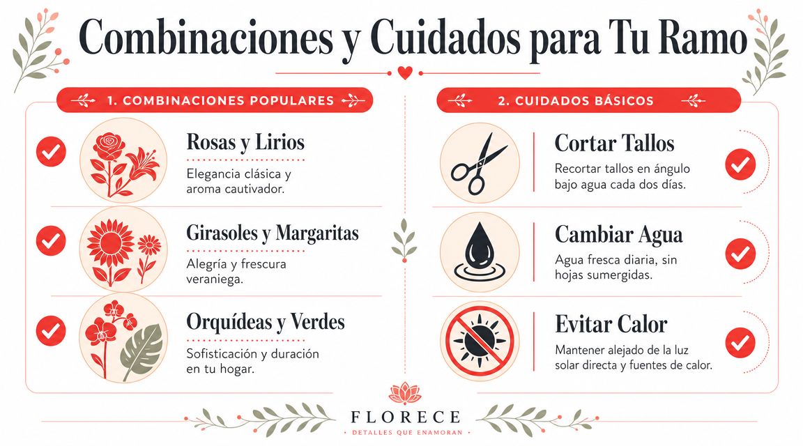 Infografía sobre combinaciones populares de flores y consejos básicos para el cuidado de ramos en casa.