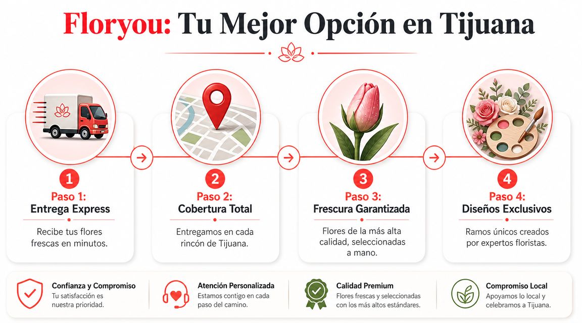 Infografía de Floryou detallando el proceso de envío de flores y beneficios exclusivos en Tijuana.