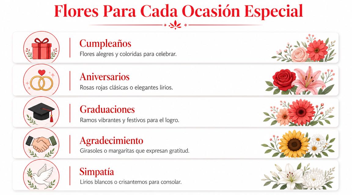 Una infografía elegante que sugiere tipos de flores ideales para diferentes ocasiones especiales como cumpleaños o graduaciones.