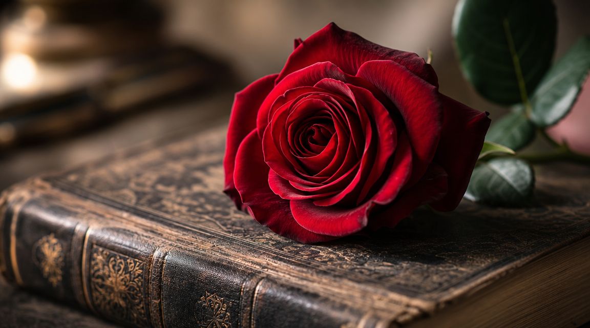 Una elegante rosa roja de terciopelo reposando sobre un antiguo libro de cuero con detalles decorativos dorados.