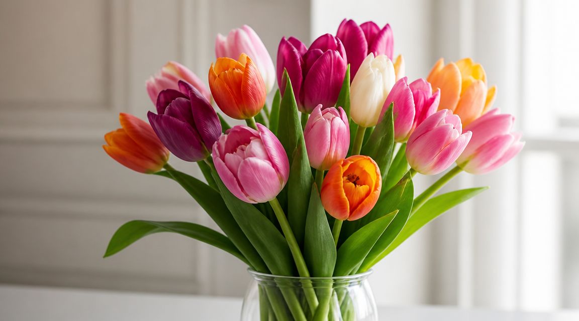 Un hermoso ramo de tulipanes coloridos de diversas tonalidades dispuestos en un florero de cristal transparente.