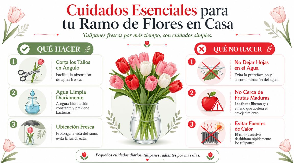 Infografía con consejos esenciales para el cuidado y mantenimiento de ramos de tulipanes frescos en casa.