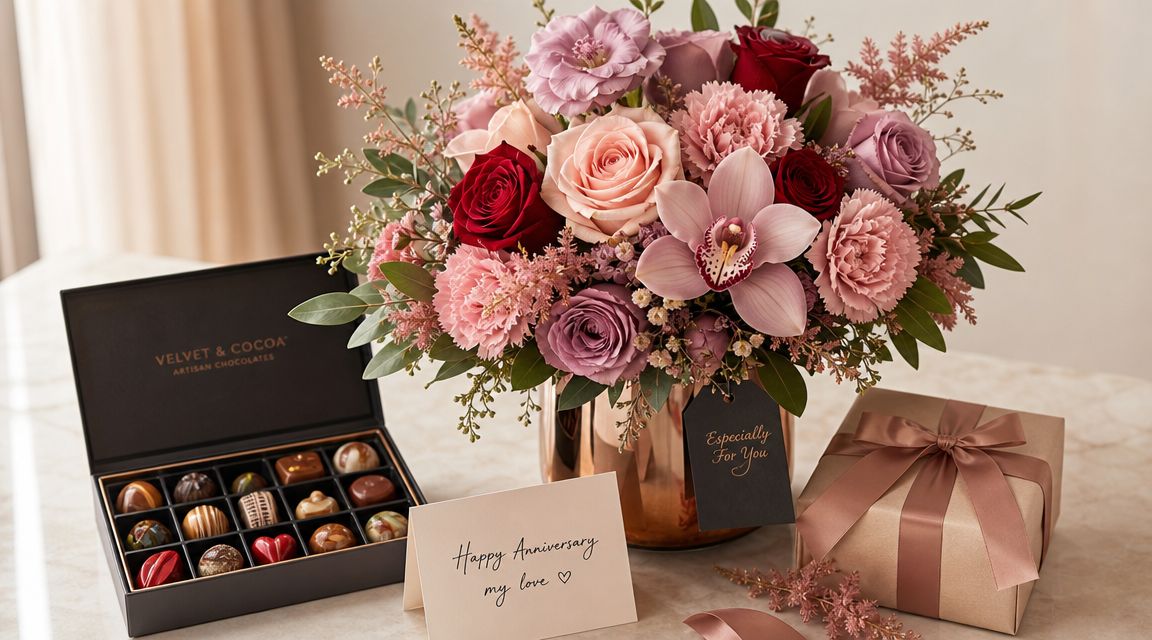 Un lujoso regalo de aniversario con flores frescas, una caja de chocolates artesanales y una tarjeta romántica.