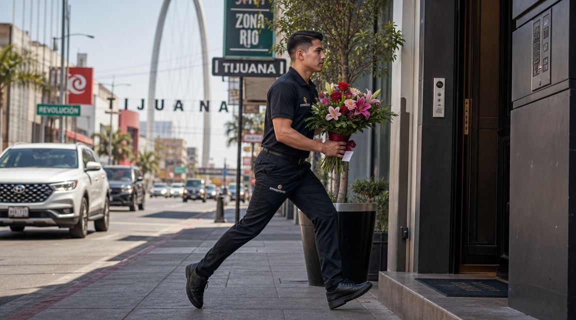 Repartidor con uniforme llevando un gran ramo de flores frescas hacia la entrada de un edificio moderno.