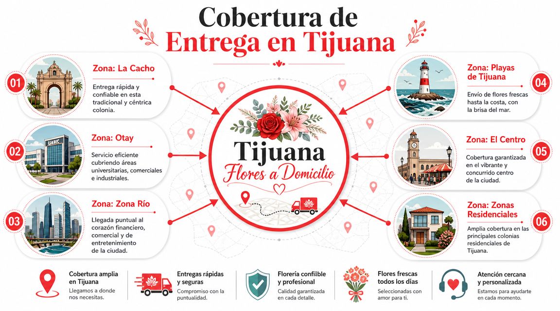 Mapa informativo que muestra la cobertura de entrega de flores a domicilio en diversas zonas de Tijuana.