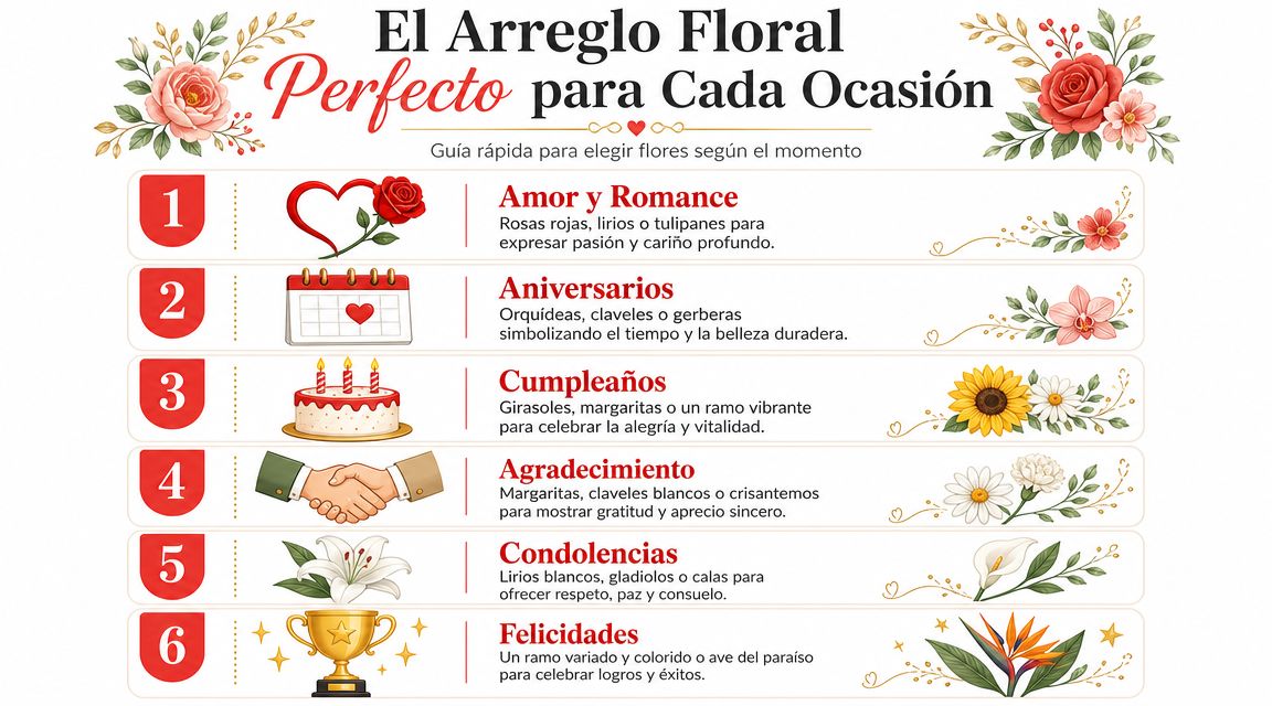 Guía ilustrada que recomienda tipos de flores para diversas ocasiones como cumpleaños, aniversarios, amor o condolencias.