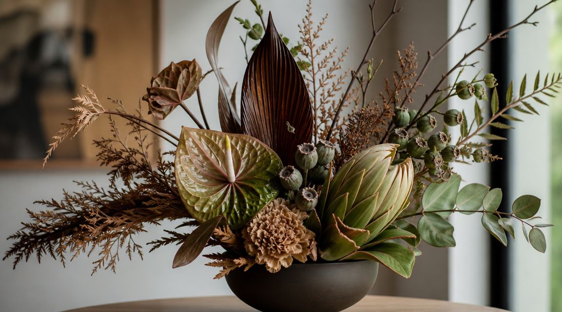 Elegante arreglo floral moderno con flores exóticas y tonos tierra en un cuenco de cerámica oscuro.