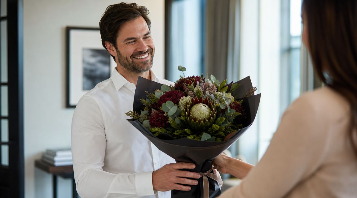 Un hombre sonriente entrega un hermoso ramo de flores exóticas a una mujer en un entorno interior.