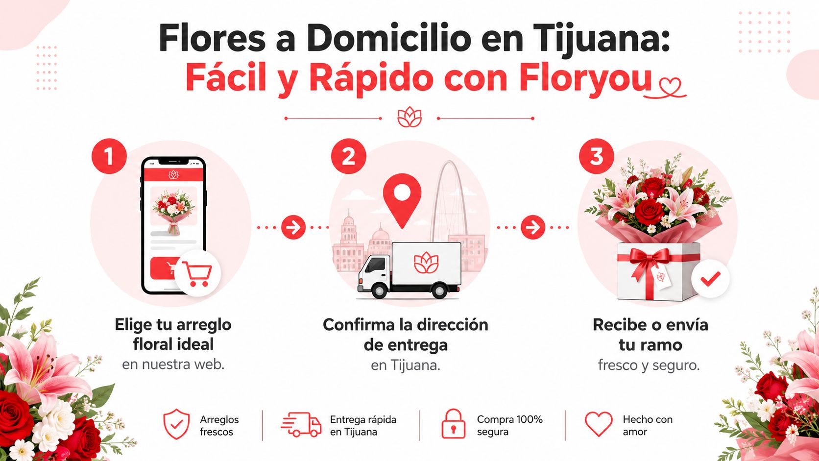 Infografía paso a paso sobre cómo pedir flores a domicilio en Tijuana a través de Floryou.