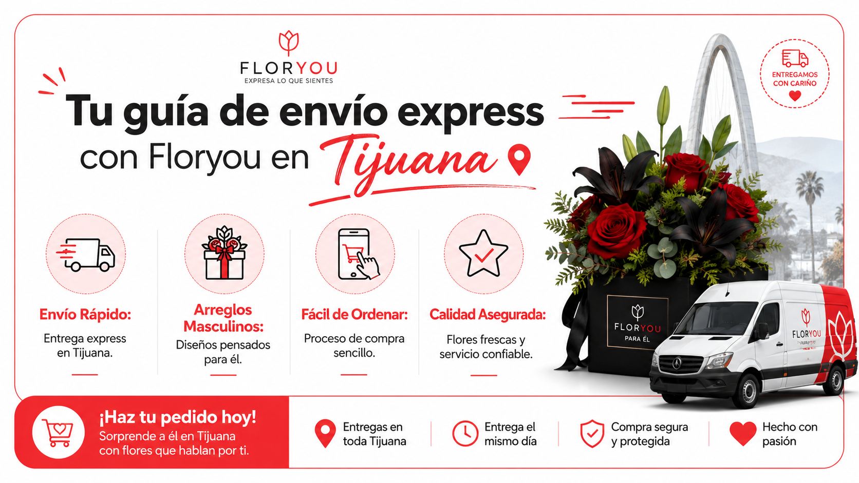 Publicidad de Floryou ofreciendo envío express de arreglos florales masculinos en la ciudad de Tijuana.
