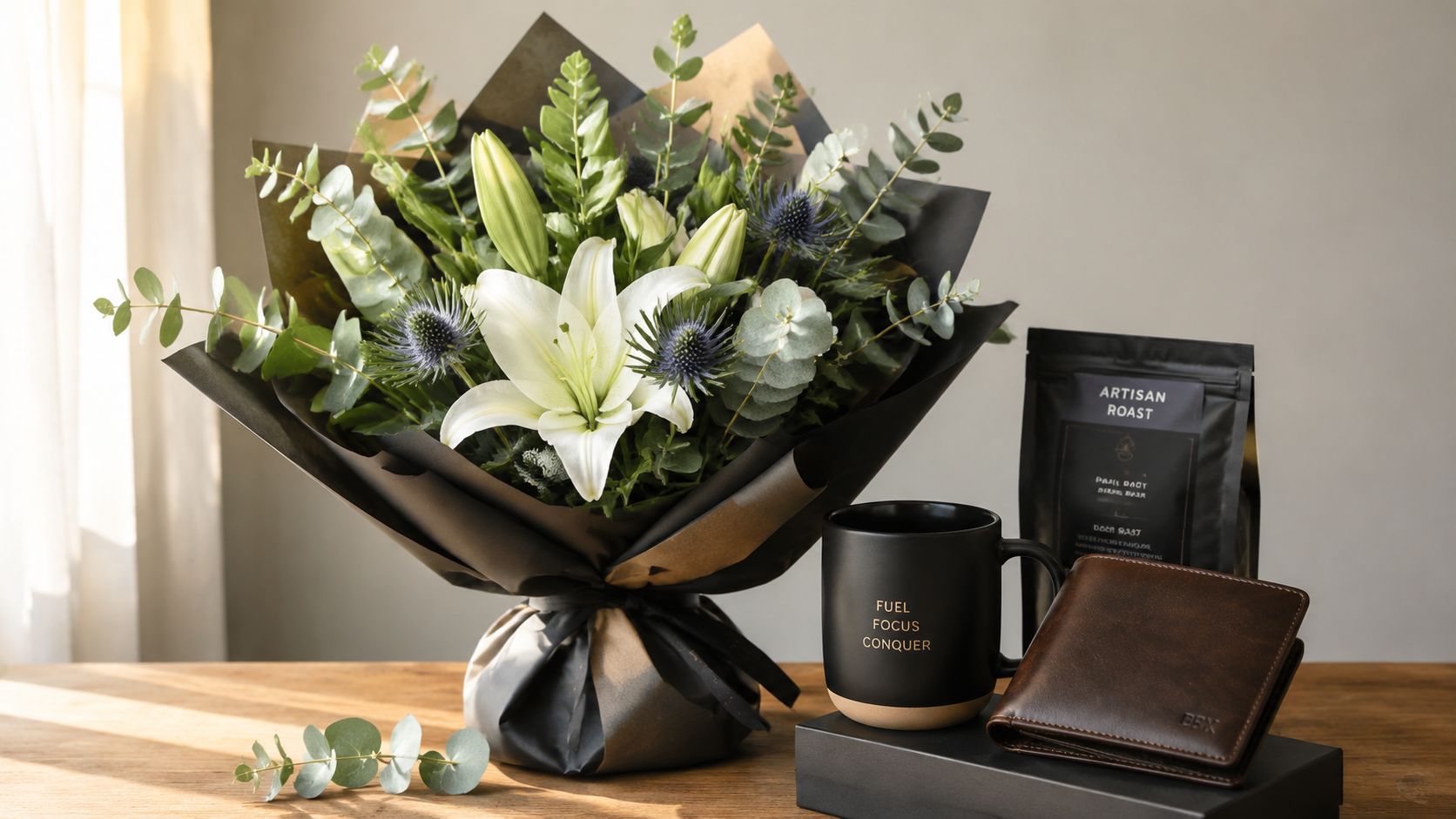 Un elegante arreglo floral con lirios blancos junto a una taza de café, café y billetera.