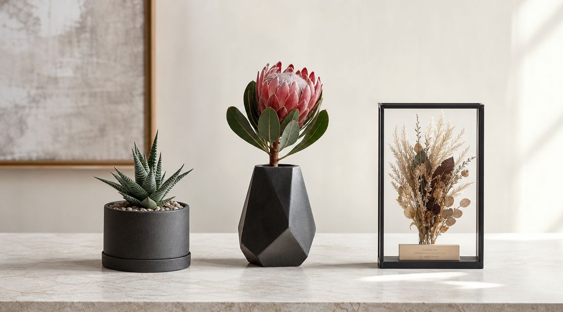 Decoración de interiores moderna con una planta suculenta, una flor exótica y un arreglo floral seco.