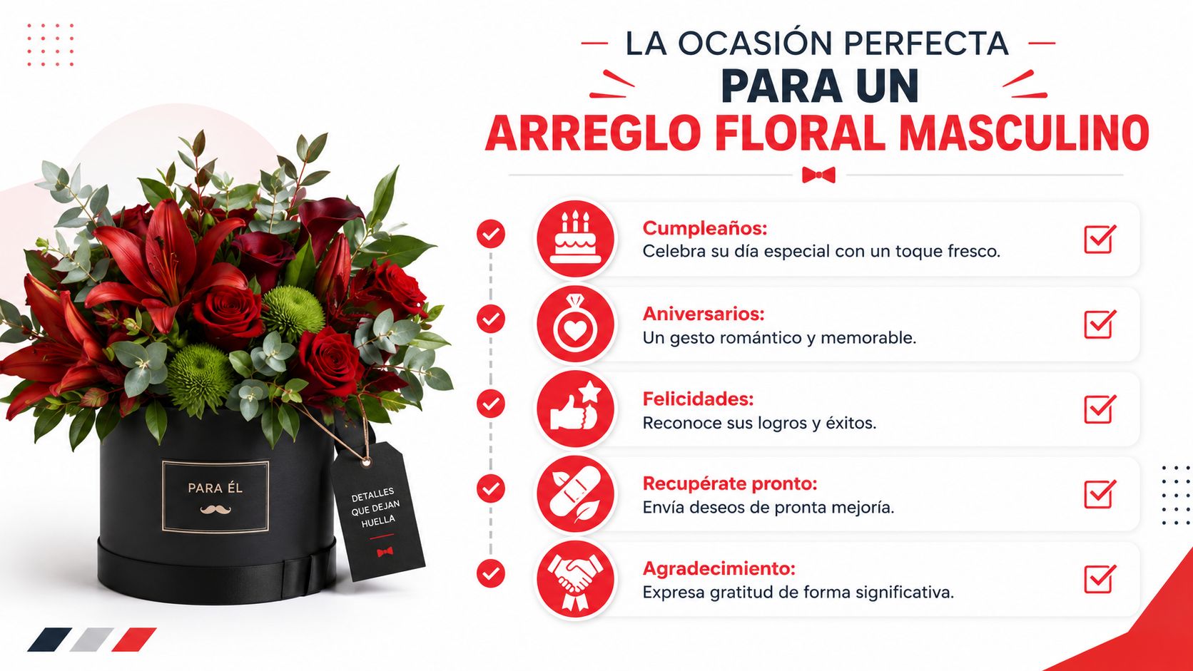 Elegante arreglo de flores rojas en una caja negra, ideal como regalo para hombres en diversas ocasiones.