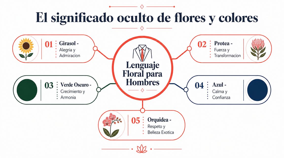 Infografía sobre el significado de diversas flores y colores para el lenguaje floral masculino.