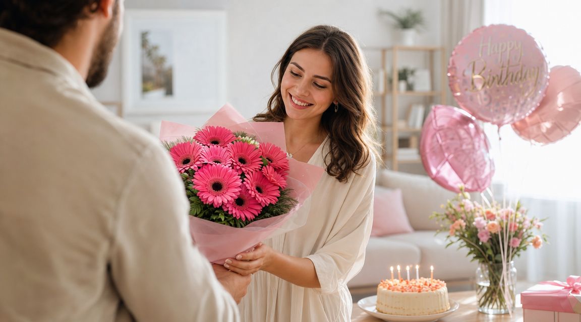 Una mujer sonriente recibe un ramo de gerberas rosas de un hombre durante una celebración de cumpleaños.