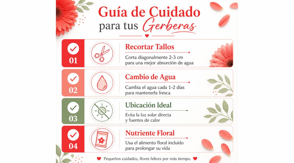 Una infografía informativa con cuatro consejos esenciales para el cuidado adecuado de flores gerberas en casa.