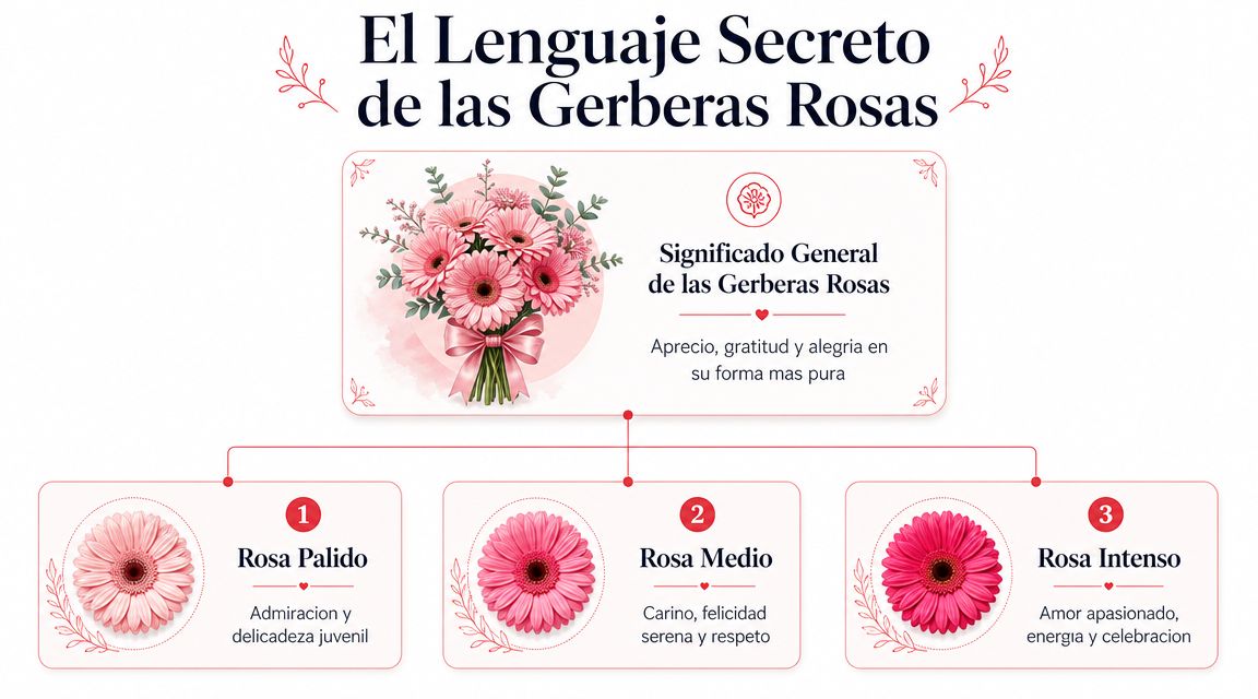 Infografía sobre el significado de las flores gerberas rosas según sus distintos tonos y matices.