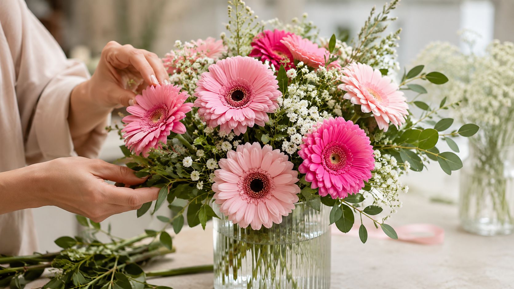 Una florista organiza un hermoso ramo de flores gerberas rosadas en un florero de cristal transparente.