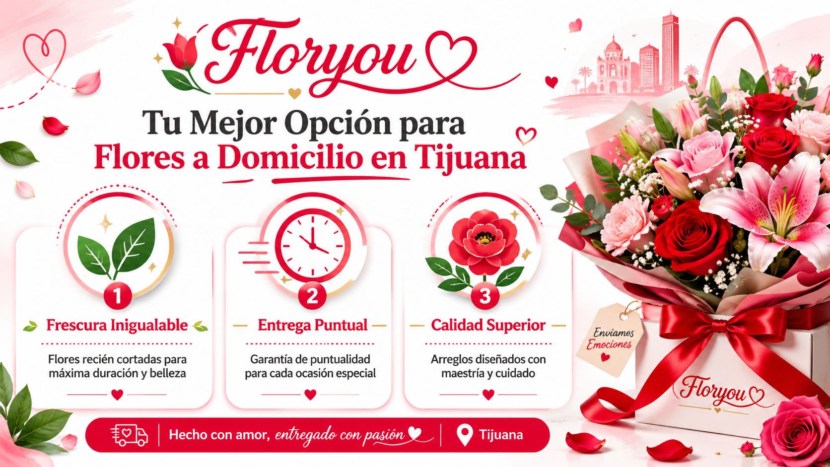 Arreglo floral elegante de Floryou con entrega a domicilio en Tijuana, destacando frescura, puntualidad y calidad superior.