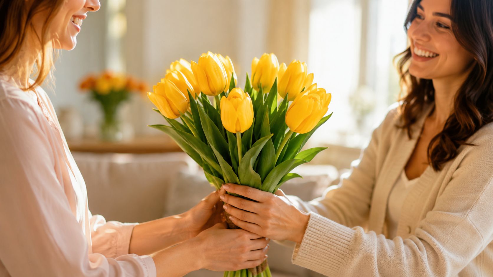 Una mujer recibe un hermoso ramo de tulipanes amarillos de manos de otra mujer sonriente.