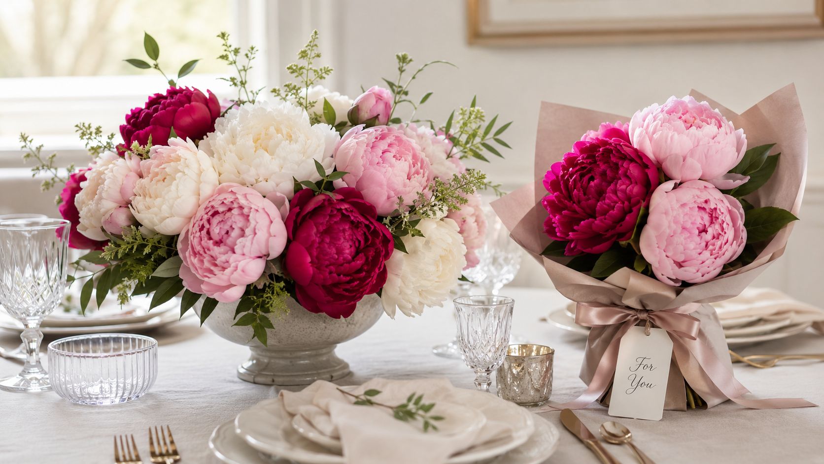 Hermoso centro de mesa y ramo de flores de peonía en tonos rosas y blancos sobre mesa.