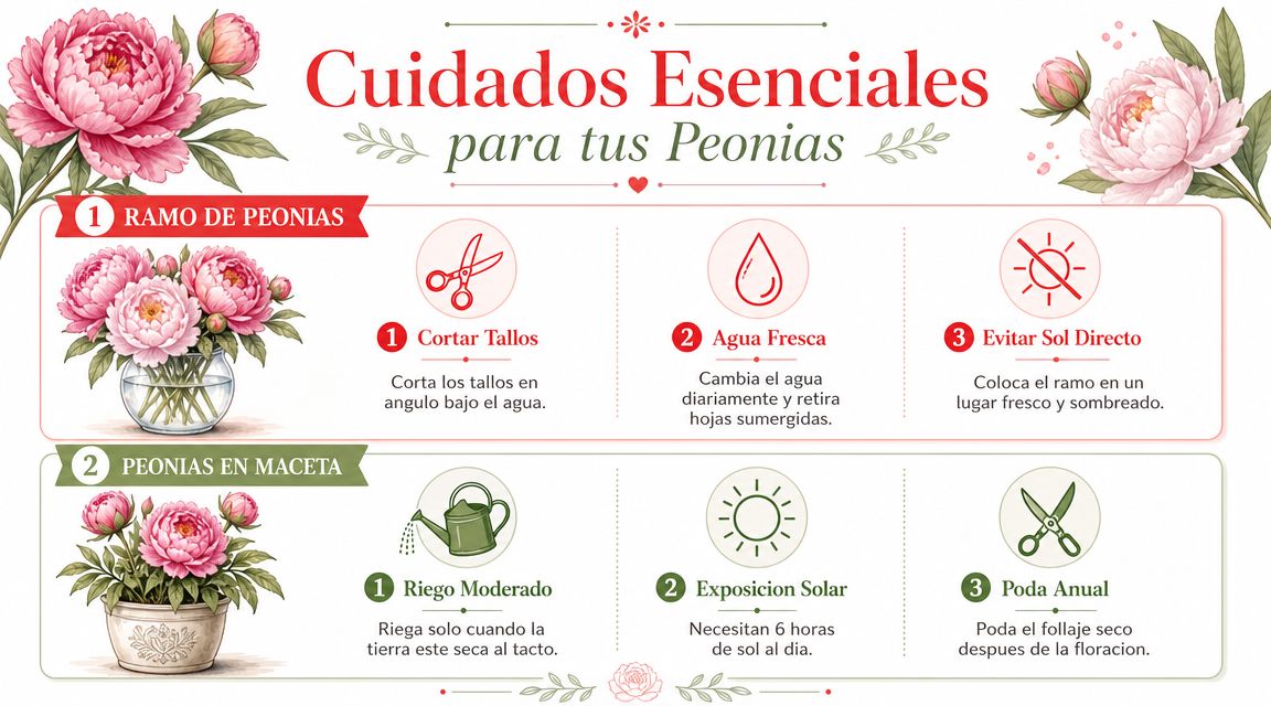 Infografía con consejos esenciales para el cuidado de flores de peonía en ramos y en macetas.