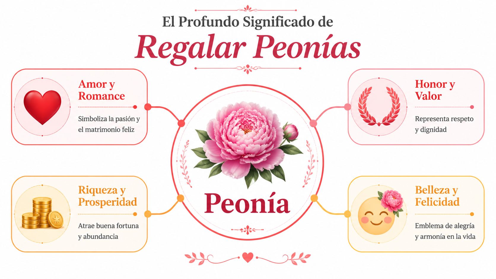 Infografía sobre el significado de regalar peonías destacando amor, honor, riqueza, belleza y felicidad simbólica.