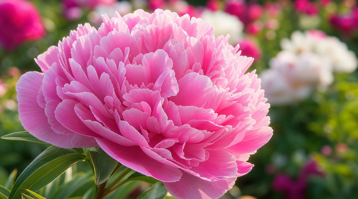 Una hermosa flor de peonia rosa en primer plano floreciendo con pétalos suaves en un jardín iluminado.