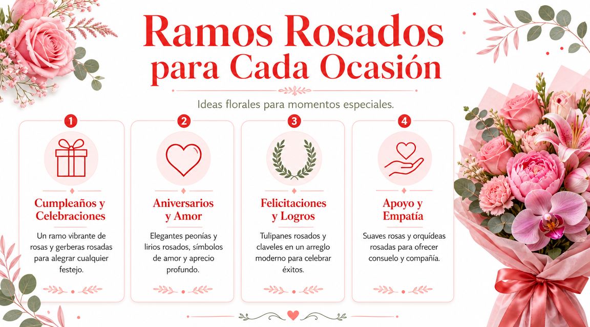Infografía con consejos sobre el uso de ramos de flores rosadas para celebrar diferentes ocasiones especiales.