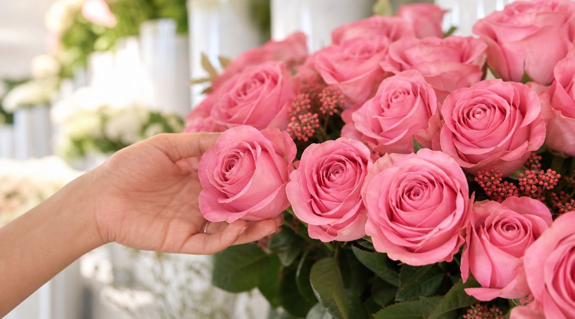 Una mano delicadamente toca un hermoso ramo de rosas rosadas frescas en una floristería profesional.