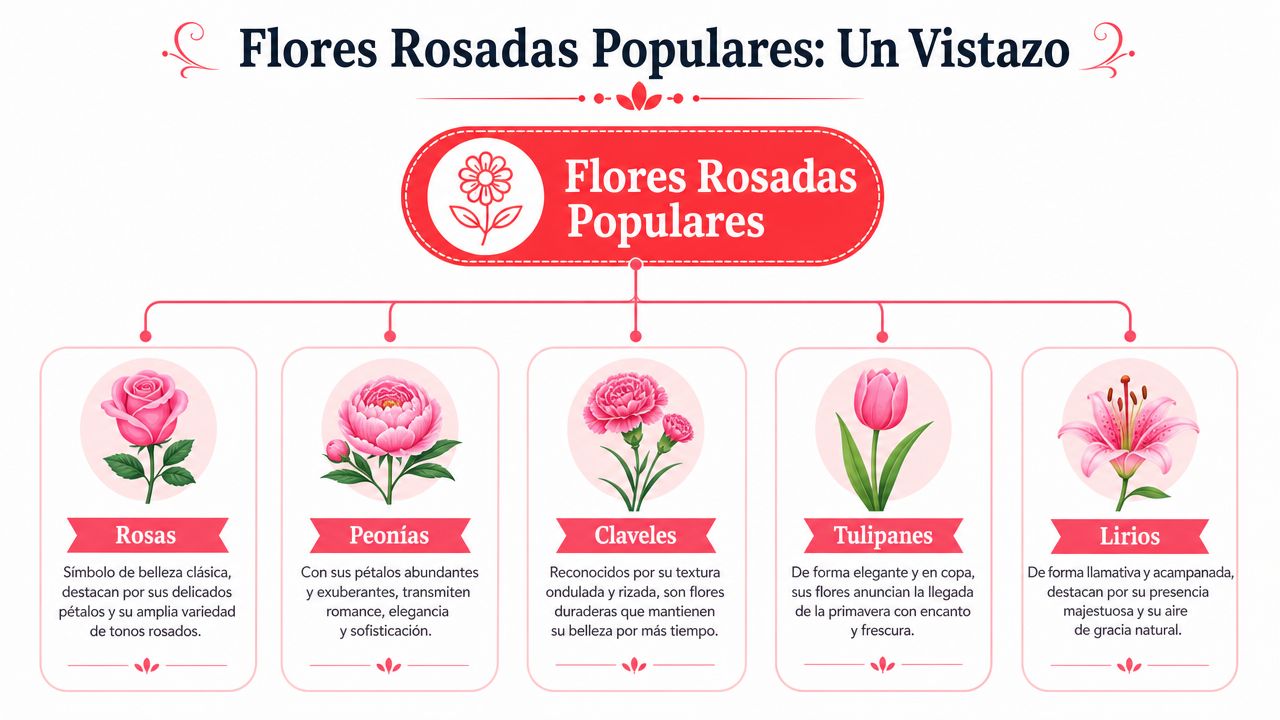 Infografía que muestra cinco tipos de flores rosadas populares, incluyendo rosas, peonías, claveles, tulipanes y lirios.