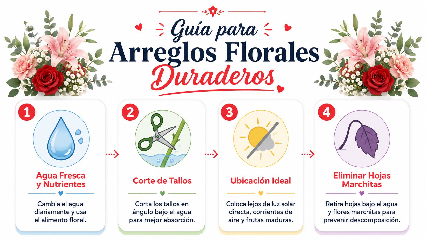 Infografía con cuatro pasos esenciales para mantener los arreglos florales frescos y duraderos por más tiempo.