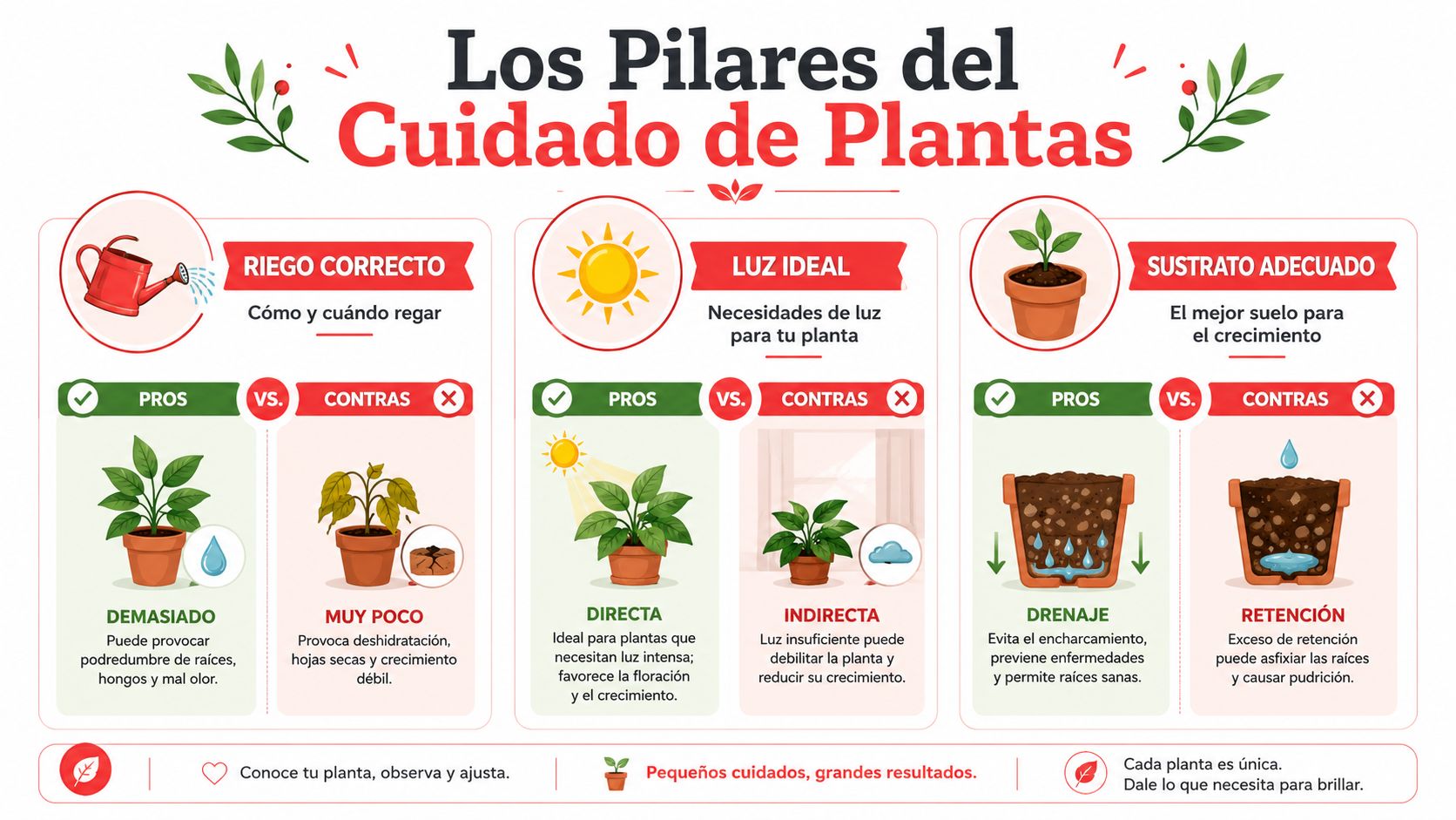 Infografía sobre los pilares del cuidado de plantas: riego, luz ideal y sustrato adecuado para el hogar.