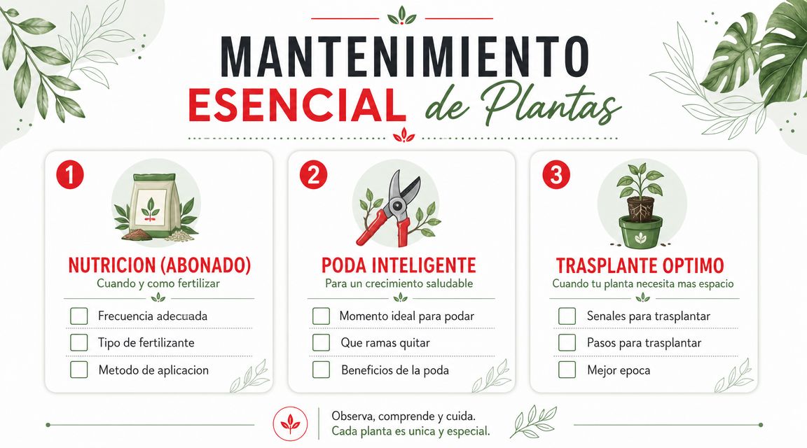 Infografía sobre mantenimiento esencial de plantas detallando nutrición, poda inteligente y trasplante para un cuidado óptimo en casa.