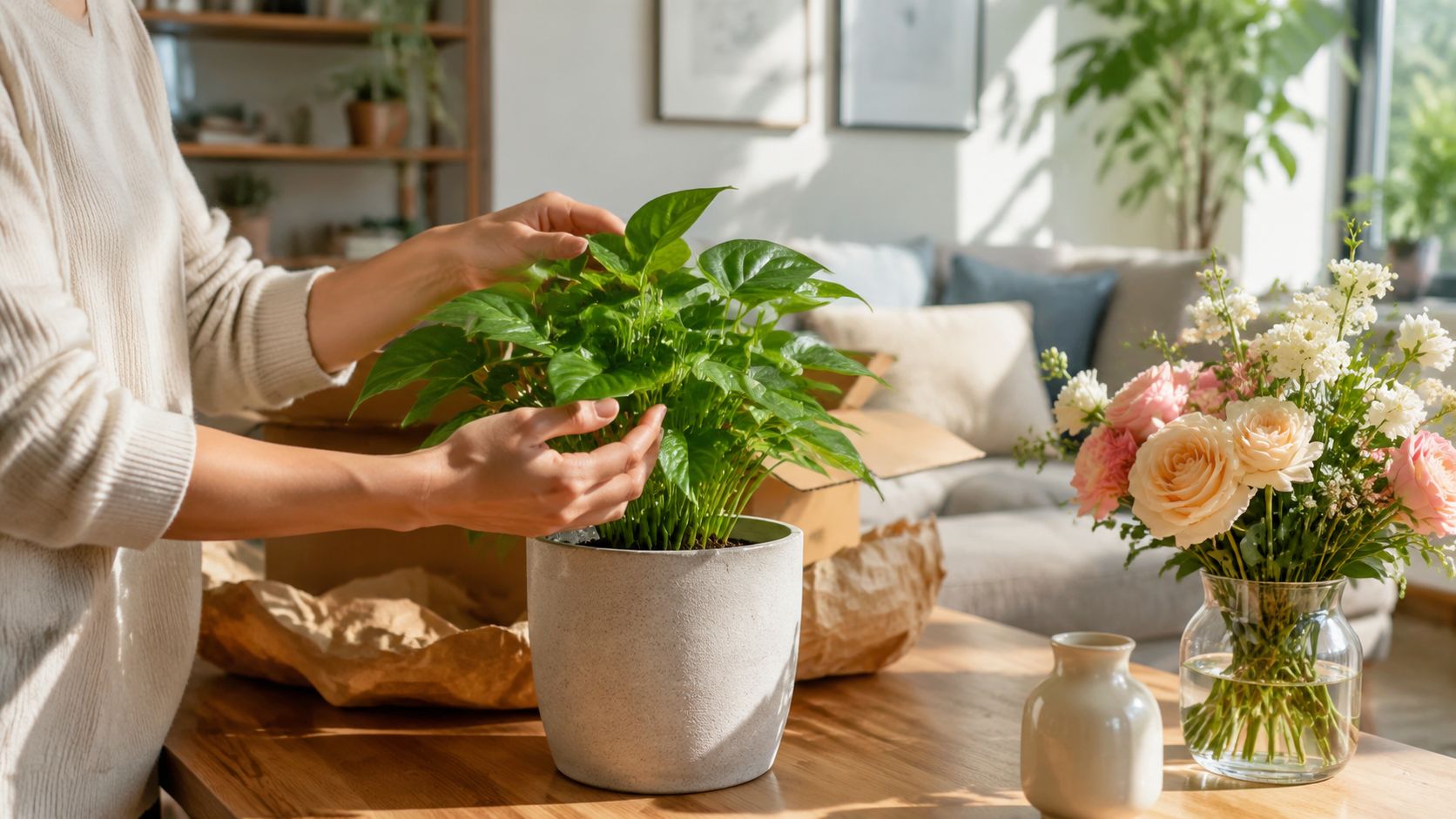 Una persona cuida amorosamente una planta verde dentro de una maceta sobre una mesa de madera clara.