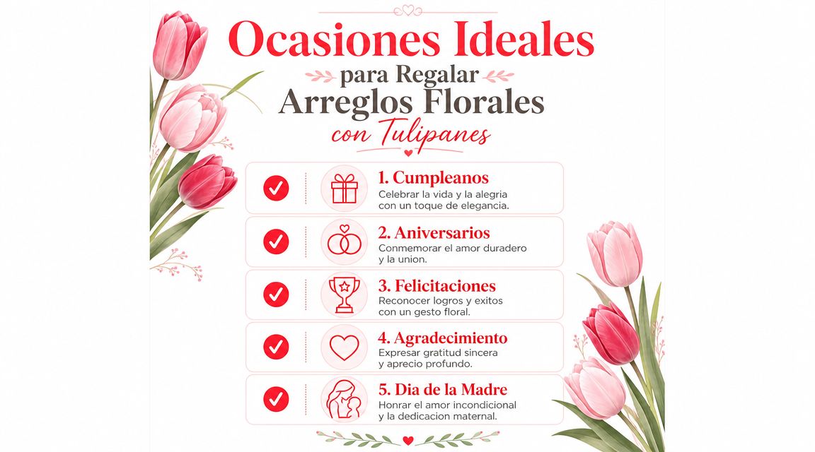Lista de ocasiones ideales para regalar arreglos florales con tulipanes, como cumpleaños, aniversarios y día de la madre.