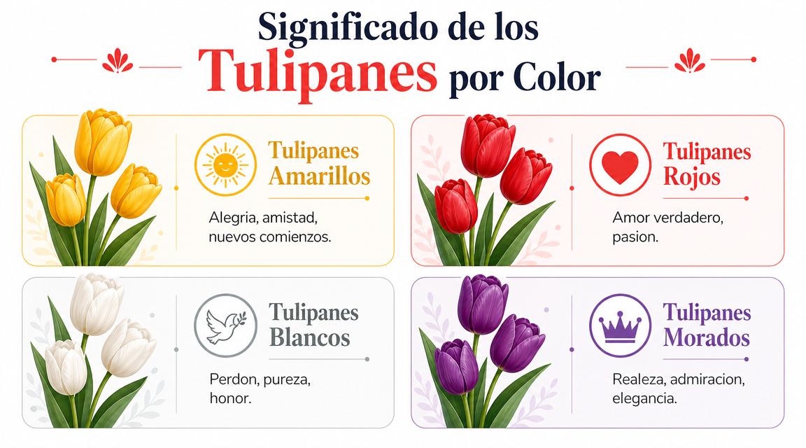 Infografía sobre el significado de los tulipanes clasificados por colores: amarillos, rojos, blancos y morados.