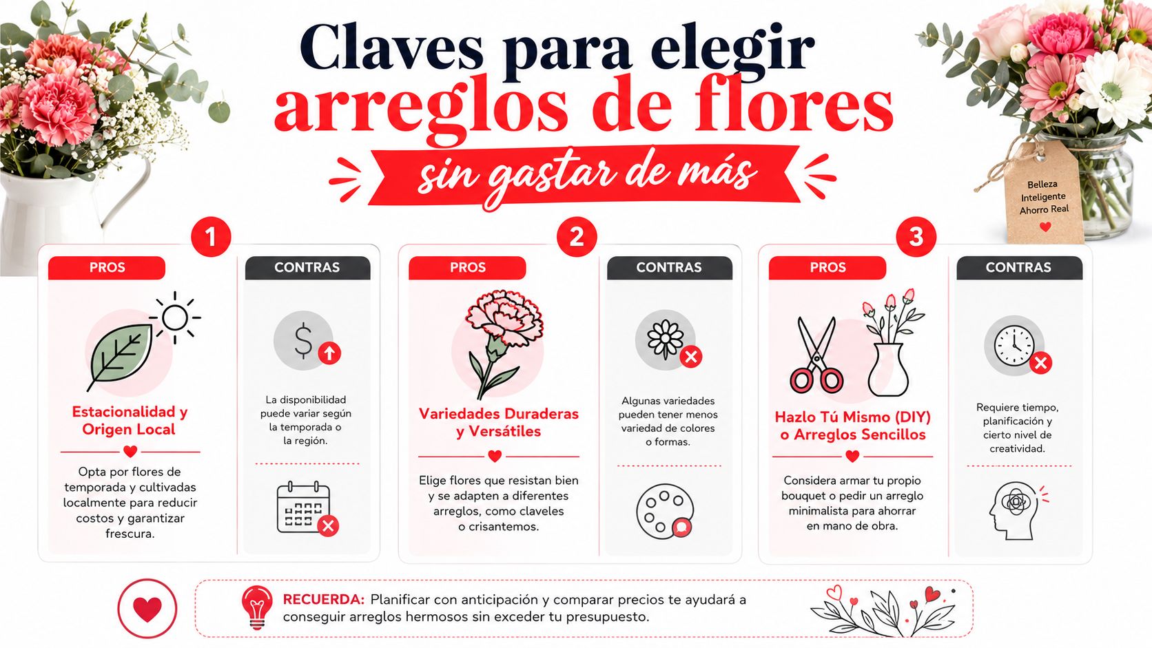 Infografía que muestra tres consejos prácticos para elegir arreglos florales económicos y frescos en el hogar.