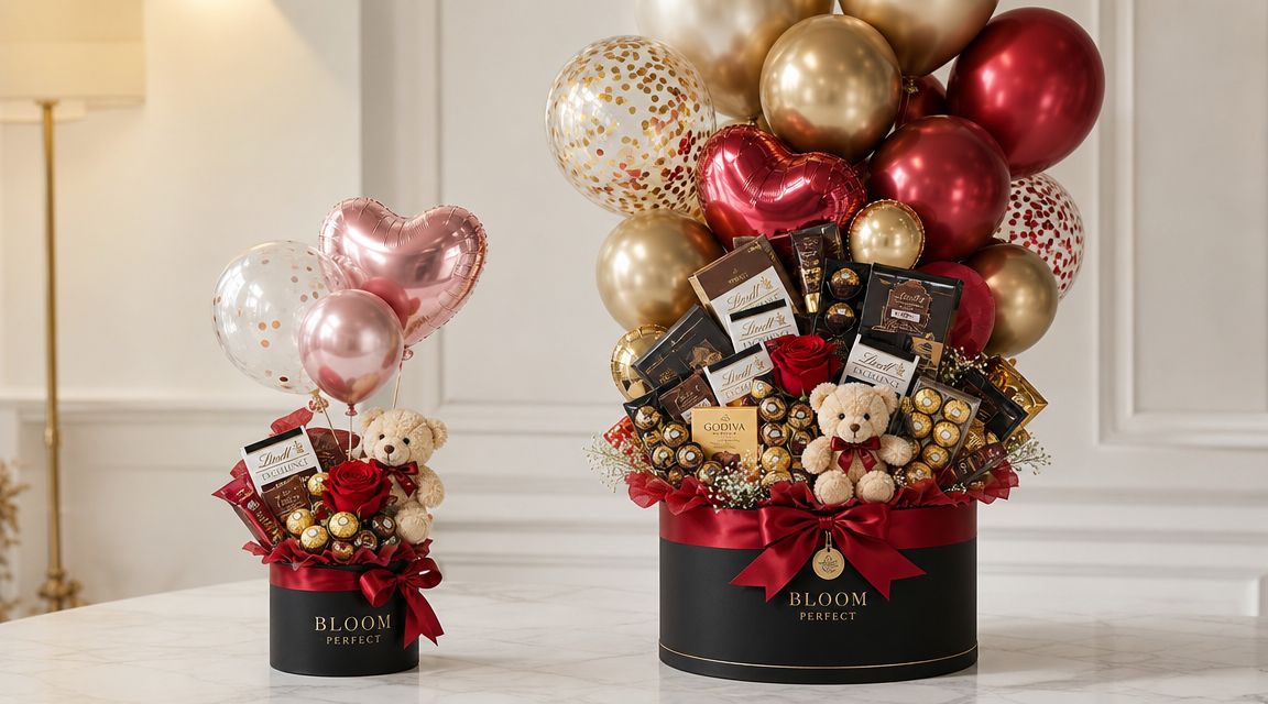 Dos elegantes arreglos florales con cajas negras, peluches, globos de colores y chocolates de marcas premium.
