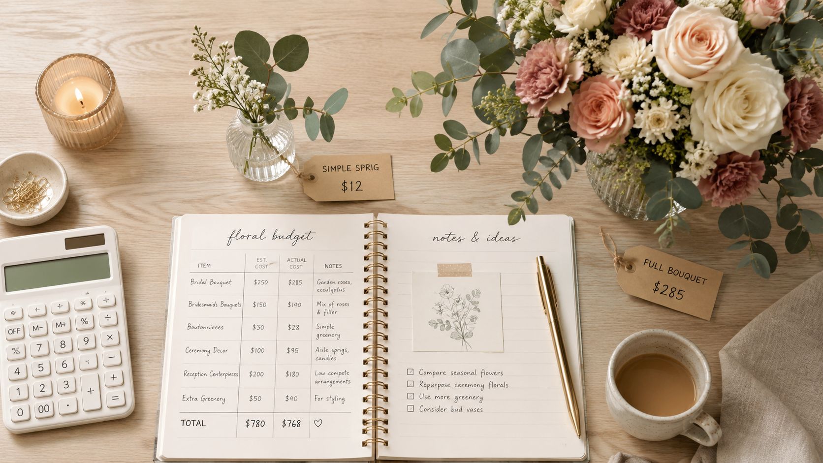 Cuaderno con presupuesto de arreglos florales junto a un ramo de flores, calculadora y café.