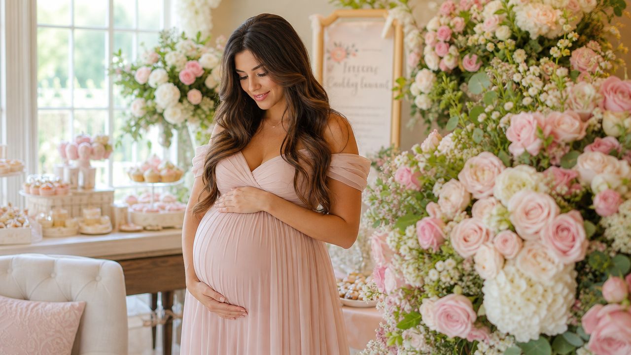 Una mujer embarazada luciendo un vestido rosa frente a hermosos arreglos florales en un baby shower.