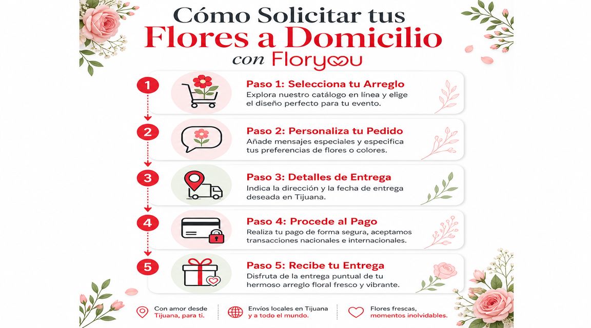 Infografía paso a paso sobre cómo solicitar flores a domicilio de forma fácil y segura con Floryou.