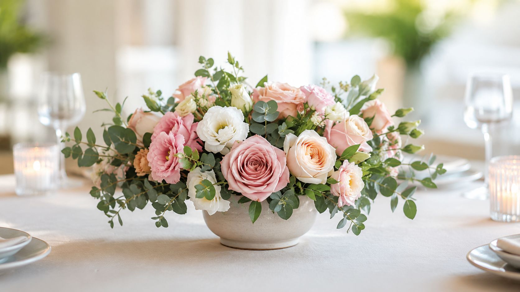 Un hermoso centro de mesa floral con rosas rosadas y flores blancas sobre una mesa elegante.