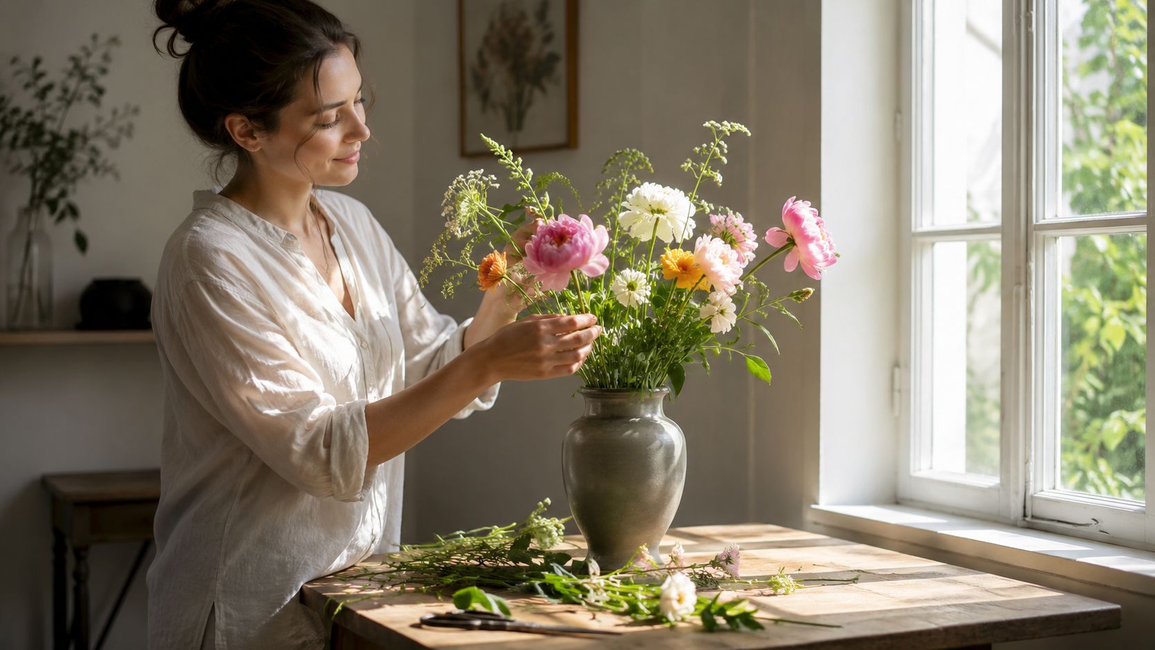Una mujer joven con camisa blanca arreglando un ramo de flores frescas en un florero de cerámica.