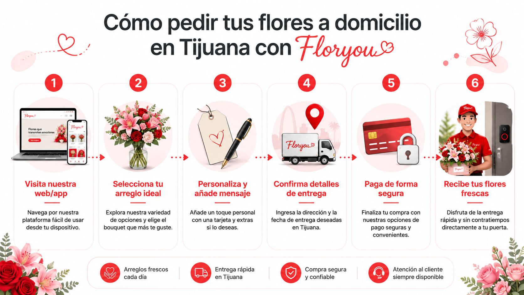 Infografía paso a paso para comprar flores a domicilio en Tijuana a través de la aplicación Floryou.