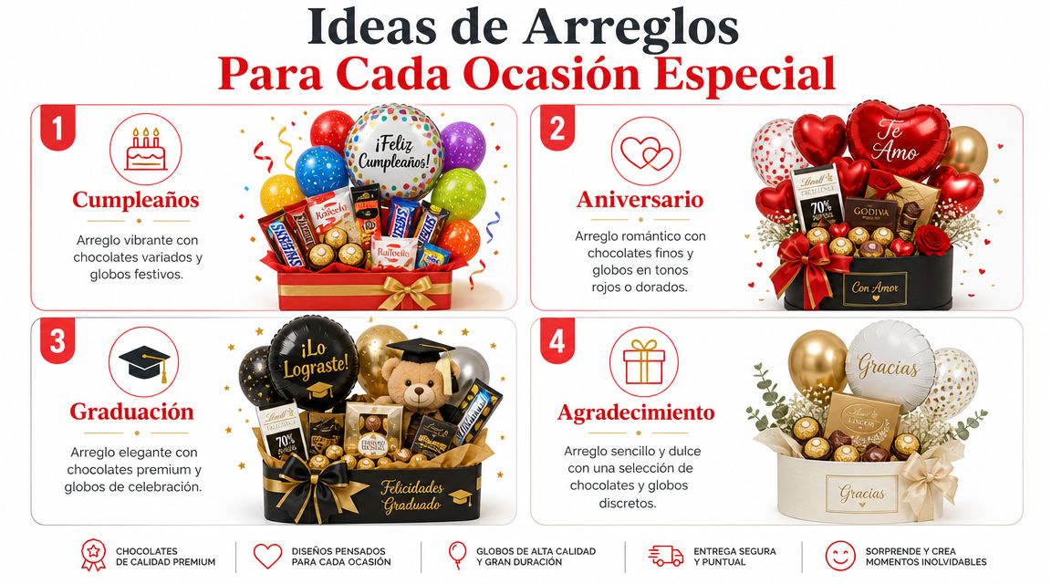 Cuatro ideas de arreglos de regalo decorados con chocolates, globos y motivos para distintas celebraciones especiales.